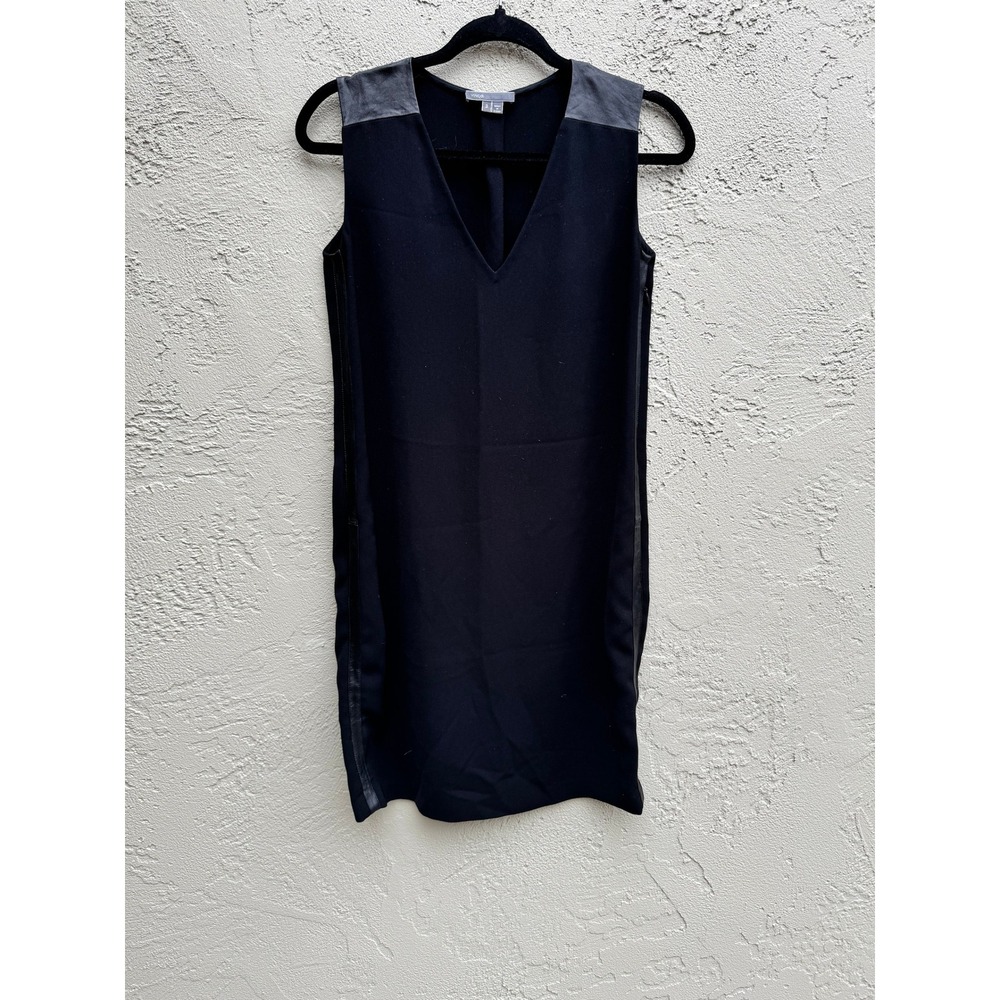 Vince Black Classic Glam Edgy Luxury Sleeveless Leather Trim Dress
